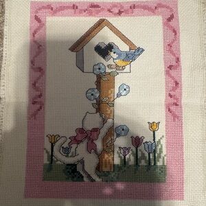 Cross-Stitch Birdhouse with Cats and Flowers